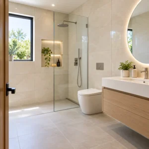 Contemporary bathroom with ivory wall tiles, grey floor tiles and a glass shower enclosure.